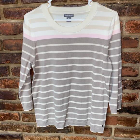 Eddie Bauer Gray Cream Stripe 3/4 Sleeve Pullover Sweater Size PL Petite Large - Picture 1 of 6